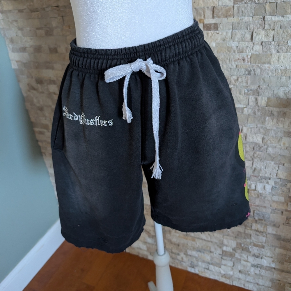 Sturdy Hustlers ALLHUSTLENOLUCK Distressed Rhinestone Smiley Shorts XXL Street